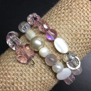 Memory Wire Bracelet Pink White Pearl Silver Leaf Round Barbie Granny Soft Girl